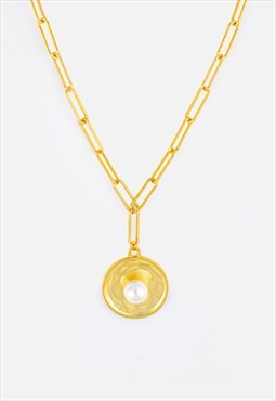 Women's Coin Necklace With Genuine Pearl, Link Chain - Gold