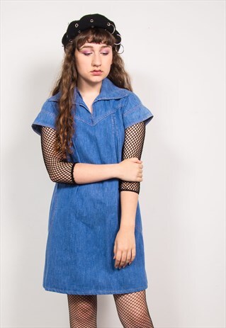 VINTAGE 70'S BLUE DENIM COLLARED SMOCK DRESS