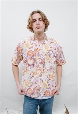 Vintage 80s Funky Floral Short Sleeve Button Up Shirt Men S 