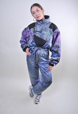 VINTAGE GREY ACID PRINT SNOW SUIT, WOMEN ONE PICE SKI SUIT