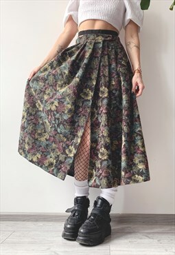 Vintage 90's Floral Print Pleated A-Line Flared Midi Skirt