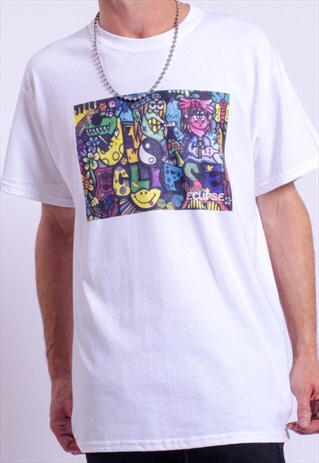 ECLIPSE GRAPHIC PRINT 90S RAVE, FESTIVAL TEE IN WHITE