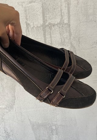 Vintage 00's Brown Classic Suede Leather Buckle Ballet Flats