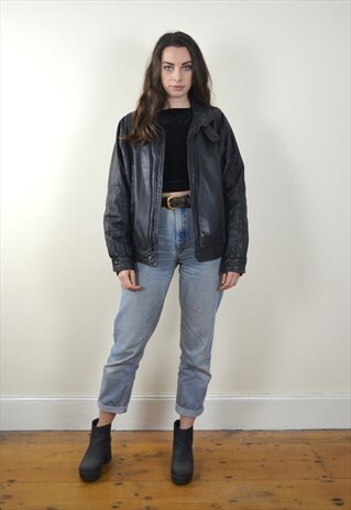 80S VINTAGE BLACK LEATHER ZIPPED BIKER JACKET