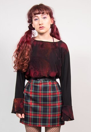 VINTAGE 90'S BLACK PAISLEY PRINT TIE DYE BELL SLEEVE TOP