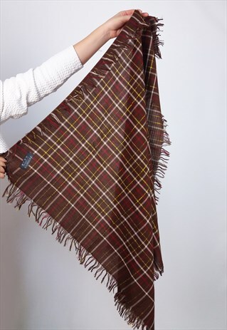 VINTAGE SQUARE FRINGE SCARF PLAID PATTERN BROWN GOLD