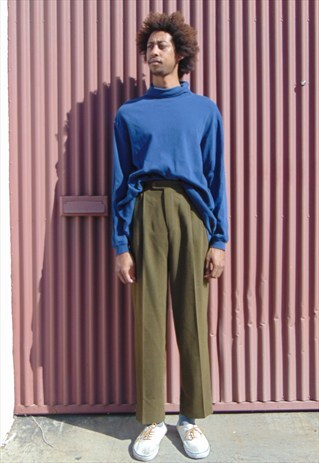 90S WOOL BLEND GREEN HIGH RISE PLEATED STRAIGHT TROUSERS