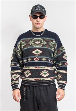 Wool sweater 90's vintage norwegian pattern men size M