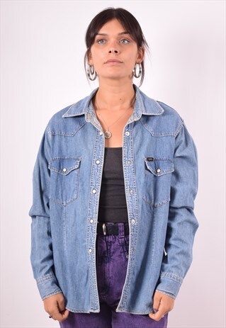 LEE WOMENS VINTAGE DENIM SHIRT LARGE BLUE 90S