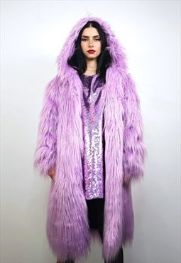 Hooded faux fur coat purple detachable fuzzy Lilac trench