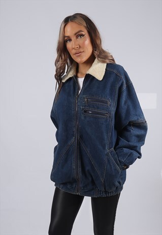 VINTAGE DENIM BOMBER JACKET OVERSIZED SHERPA UK 14 L (G5CQ)