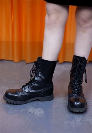 VINTAGE 90S ANKLE BOOTS BLACK LEATHER MILITARY LACE UP PUNK