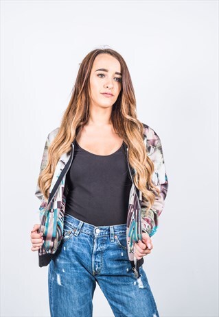 VINTAGE 1980S FESTIVAL GREY AND BLUE PATTERNED BOMBER JACKET