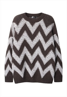 Striped sweater zigzag jumper knitted mesh top in brown 