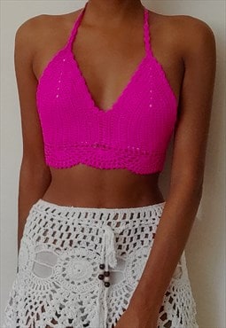 Elvinia Hot Pink Crochet festival tie back crop top 