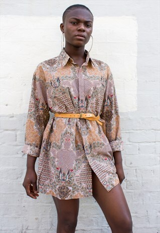 VINTAGE PATTERNED SHIRT DRESS IN MUTED EARTH TONES