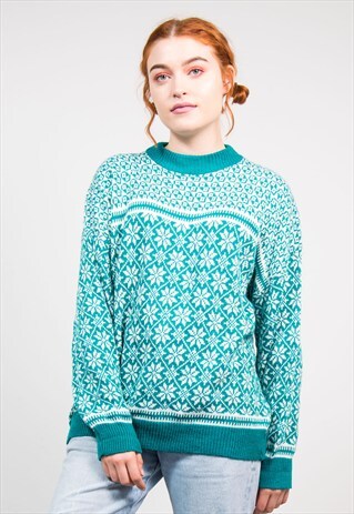 RETRO 90'S TURQUOISE WINTER PATTERN KNIT JUMPER