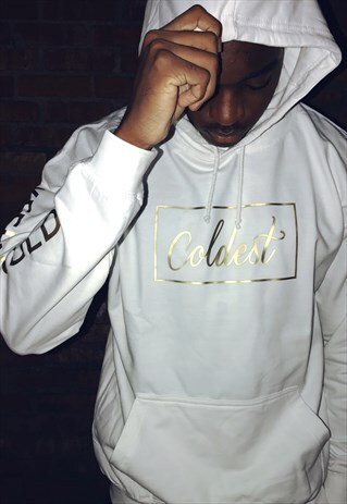COLDEST WHITE HOODIE WITH GOLD PRINT