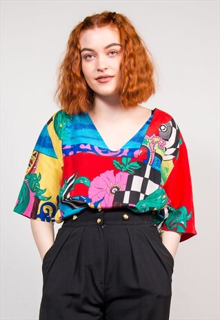 90'S VINTAGE CRAZY BAROQUE PATTERN SILK BLOUSE SHIRT TOP