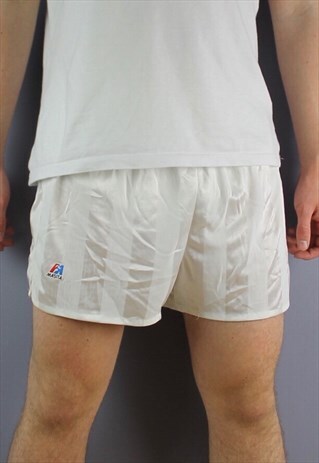 VINTAGE NYLON RUNNING SHORTS IN WHITE WITH PRINTING AND ELAS