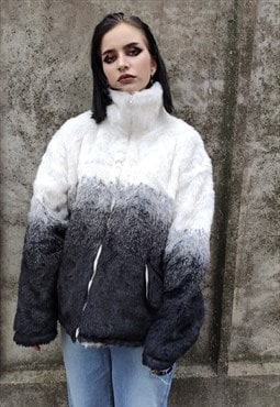 Gradient fleece jacket faux fur tie-dye print bomber white