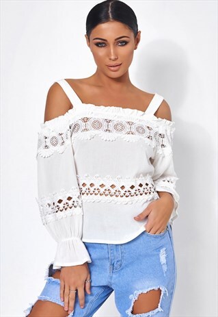 WHITE LACE TRIM COLD SHOULDER TOP
