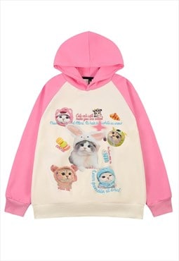 Cat print hoodie psychedelic pullover Kawaii top in pink