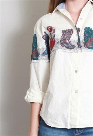 VINTAGE 1990'S CUTE WESTERN COWBOY BOOT COTTON SHIRT