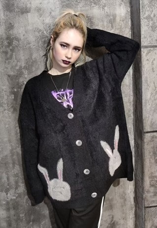 BUNNY PATCH CARDIGAN RABBIT KNITWEAR SWEATER JUMPER BLACK