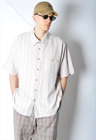 VINTAGE 90S BEIGE LINEN BLEND STRIPED SHIRT