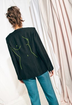 Vintage Blazer 90s Reworked Feminist Embroidery Linen Jacket