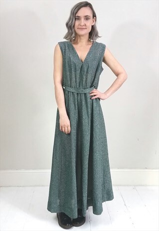 VINTAGE 70'S GREEN GLITTER MAXI DRESS W/ GEM BUTTON DETAILS