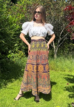 70's Vintage Multi Coloured Cotton Ladies Wrap Midi Skirt