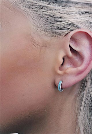 STERLING SILVER TURQUOISE AND CZ MINI HINGED HUGGIE HOOPS