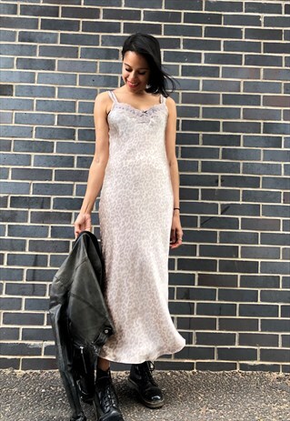 90S STYLE LEOPARD PRINT SATIN SLIP DRESS