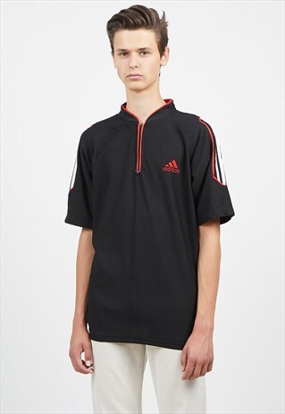 90S VINTAGE BLACK ADIDAS LOGO 1/4 ZIP NECK T-SHIRT