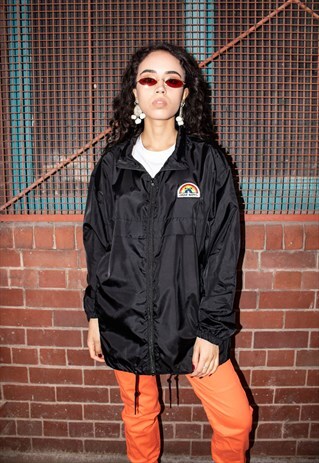 WINDBREAKER WATERPROOF RAIN COAT IN BLACK WITH RAINBOW PATCH