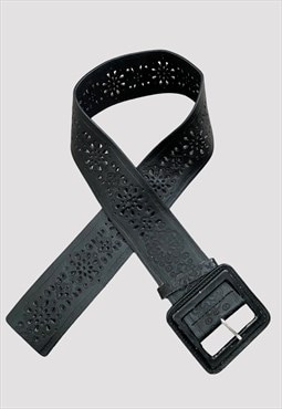 70's Vintage Leather Wide Black Tooled Leather Belt