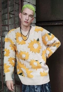 Sunflower fleece knitwear sweater 3d daisy knit top cream