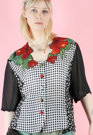 VINTAGE 90S BLOUSE TOP TRANSPARENT BLACK WHITE RED ROSES