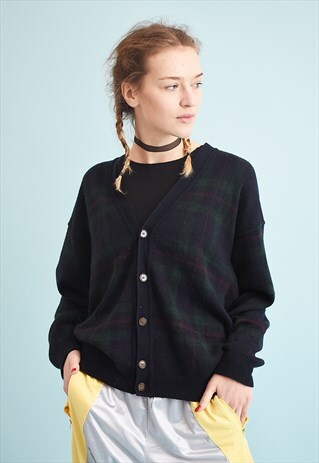 90'S RETRO CHECKED PATTERN OVERSIZED DADS KNIT CARDIGAN