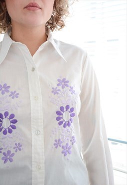 Vintage 70's White Bohemian Embroidered Front Shirt