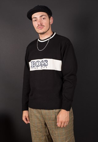 VINTAGE BLACK BIG LOGO SPELL OUT HUGO BOSS KNIT JUMPER