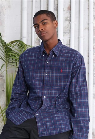VINTAGE RALPH LAUREN LOGO CHEQUERED SHIRT BLUE