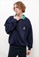 Vintage 80s Relaxed Navy Blue Crown Half Button Sweatshirt M