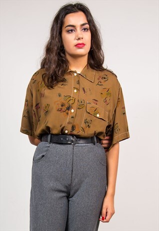 90'S VINTAGE BROWN FLORAL PATTERN SHORT SLEEVE SHIRT