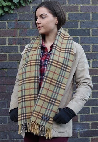VINTAGE CASHMERE CHECKED SCARF LIGHT GREEN-AS122
