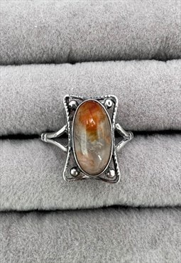 Vintage Silver Ring orange Agate gem stone boho ornate