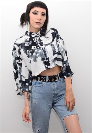 VINTAGE 90'S ABSTRACT BLACK & WHITE PATTERNED REWORKED CROP