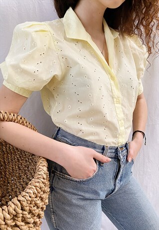VINTAGE 80S CITRUS COUNTRY MILKMAID PUFF SLEEVE BLOUSE TOP